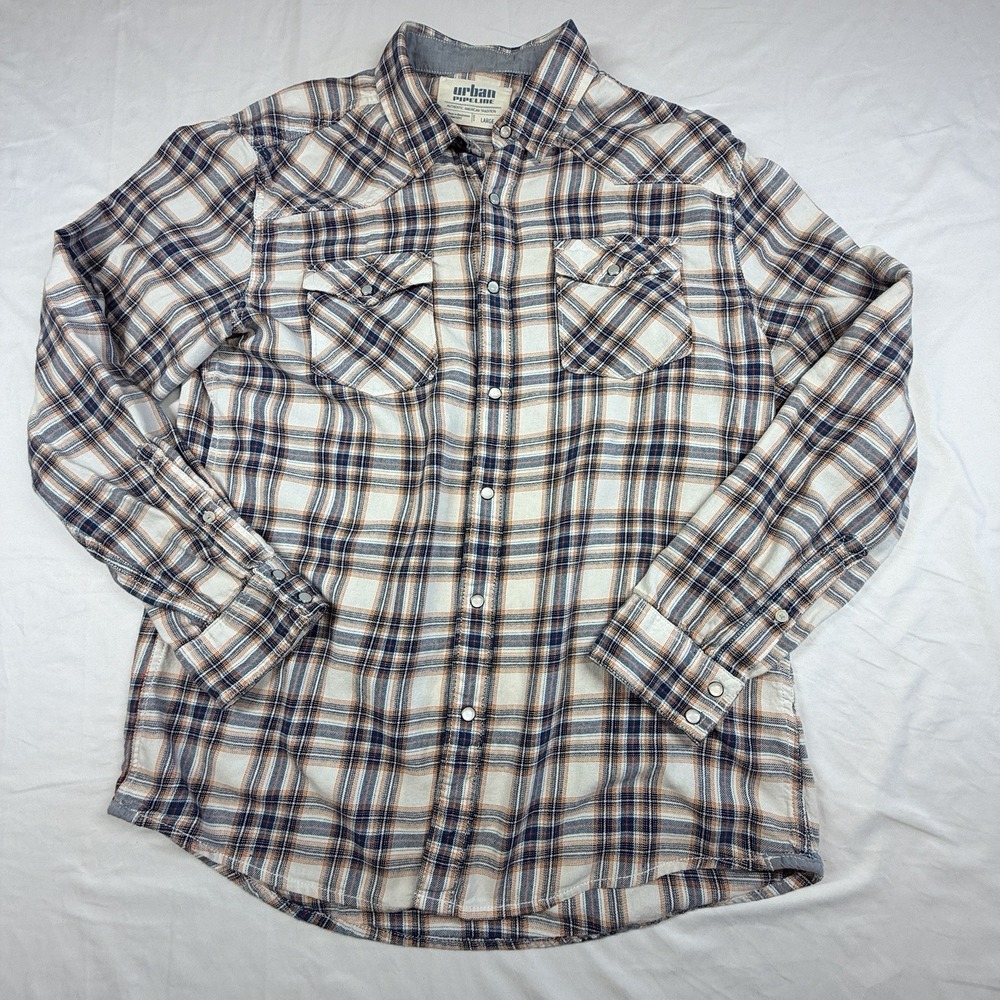 Urban Pipeline Mens White Navy Orange Plaid Pearl Snap Western Shirt L Roll-Tab
